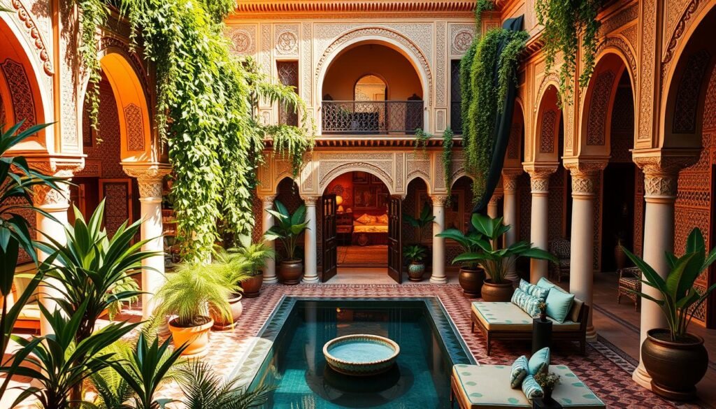 A lavish Moroccan riad nestled in the heart of a bustling medina, its ornate archways and intricate tilework basking in warm, golden light. Lush greenery cascades from private terraces, framing a serene central courtyard pool. Plush furnishings and opulent textiles invite weary travelers to sink into the lap of luxury, while a team of discreet staff caters to their every need. This oasis of refined elegance offers a tranquil respite from the vibrant sights and sounds of the surrounding city, promising a truly unforgettable Moroccan experience.