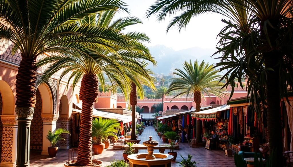 A vibrant landscape of Moroccan grandeur unfolds, showcasing the opulence of luxury Morocco tours. In the foreground, a meticulously decorated riad with intricate tilework and archways invites exploration. Lush palm trees sway gently in the warm sunlight, casting a soft glow over the serene courtyard. The middle ground features a bustling souk, with vibrant textiles, spices, and crafts on display. The background is dominated by the majestic Atlas Mountains, their snow-capped peaks creating a dramatic backdrop. The overall scene exudes an air of timeless elegance, capturing the essence of an unforgettable luxury Morocco tour experience.